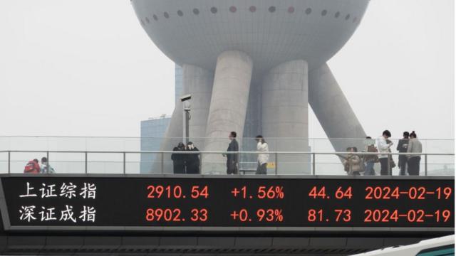 2024年2月19日,中国上海陆家嘴步行桥大屏幕上显示的A股交易日收盘指数。