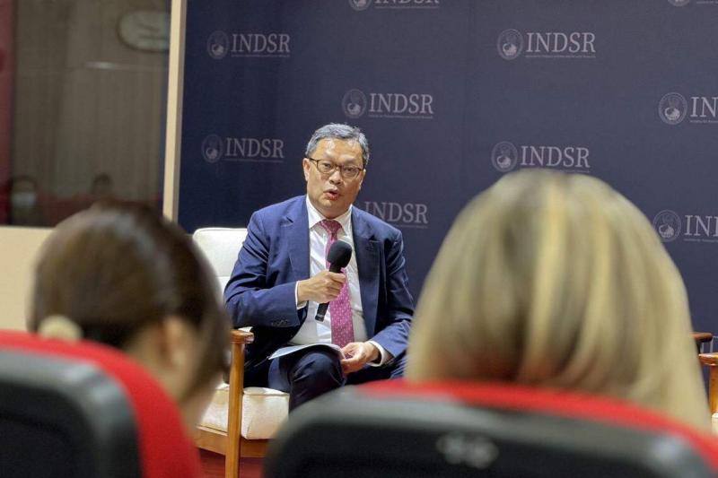 台湾军方智库国防安全研究院执行长陈明祺,7月5日在与美国保守派智库哈德逊研究所合办的研讨会上提到,从2005年的《反分裂国家法》,到近期的”惩治台独22条”,这些都是北京利用法律的手段,对台湾进行压迫,让台湾不战而降。 (缪宗翰摄)