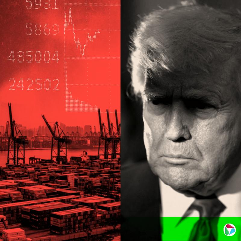 两张经过处理的图片:一艘货柜船搭配一张数据被修改的图表,以及一张美国总统唐纳·特朗普的照片。