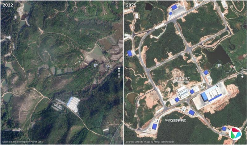这是中国火箭军611旅基地。近年来,611旅基地的面积扩大了一倍,新建了发射台和用于模拟作战的假隧道。