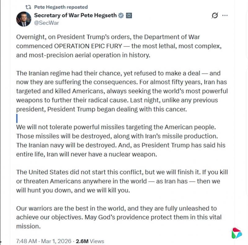 美战争部长警告若杀害或威胁美国人:我们会杀了你