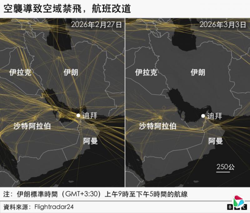 中东航线更改图,显示伊朗上空没有航线通过