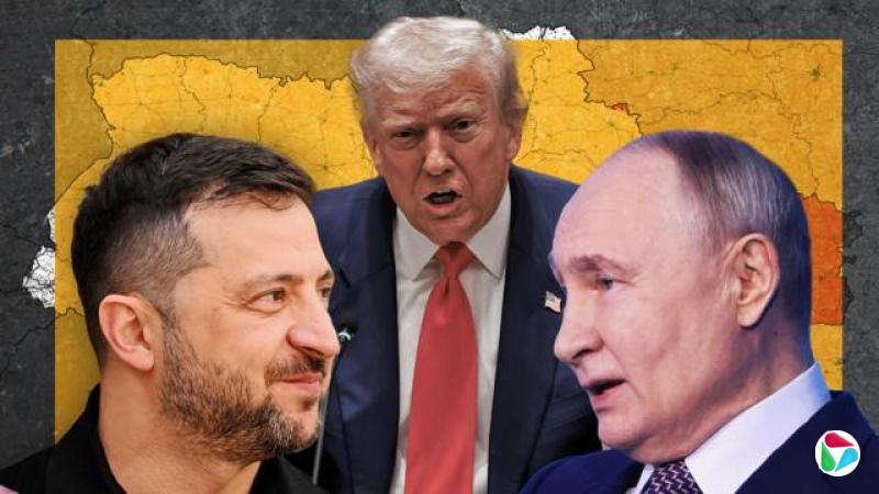 一张合成图片,上方是特朗普,在他下方分别是乌克兰总统泽连斯基(左)和俄罗斯总统普京(右)。