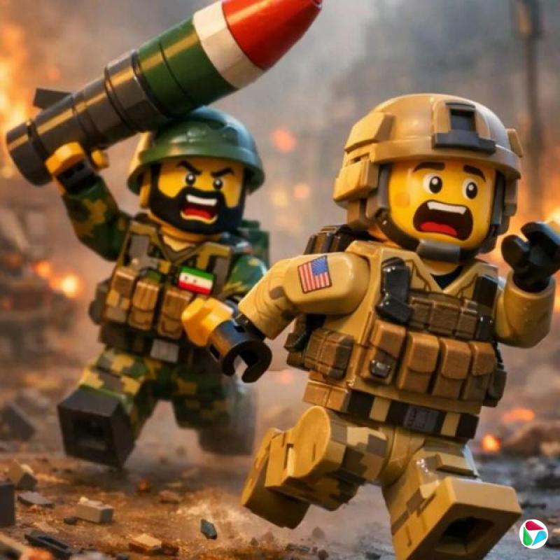 一段由人工智能生成、支持伊朗的宣传影片截图,画面中可见一名乐高积木风格伊朗士兵追赶一名同是乐高风格的美国士兵。