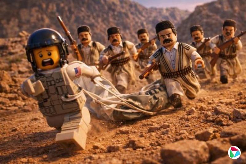 人工智能生成影片截图:身着阿拉伯风格服饰的一群乐高风格的持枪男子在追击一位身着美国军制服饰的乐高风格小人。
