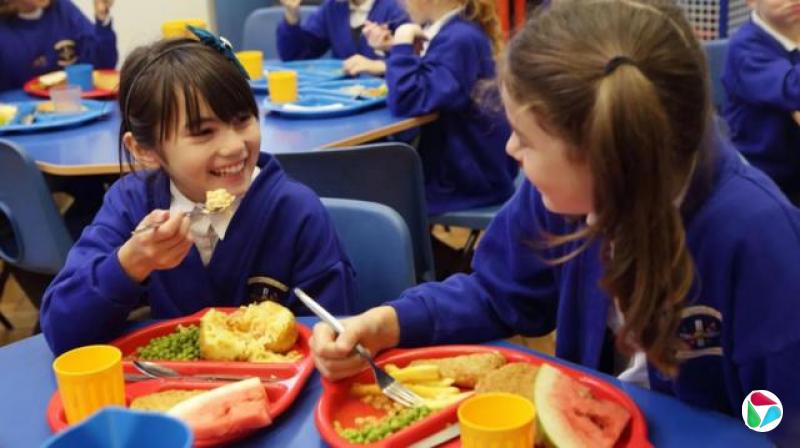 两位小女孩在学校食堂服用午餐